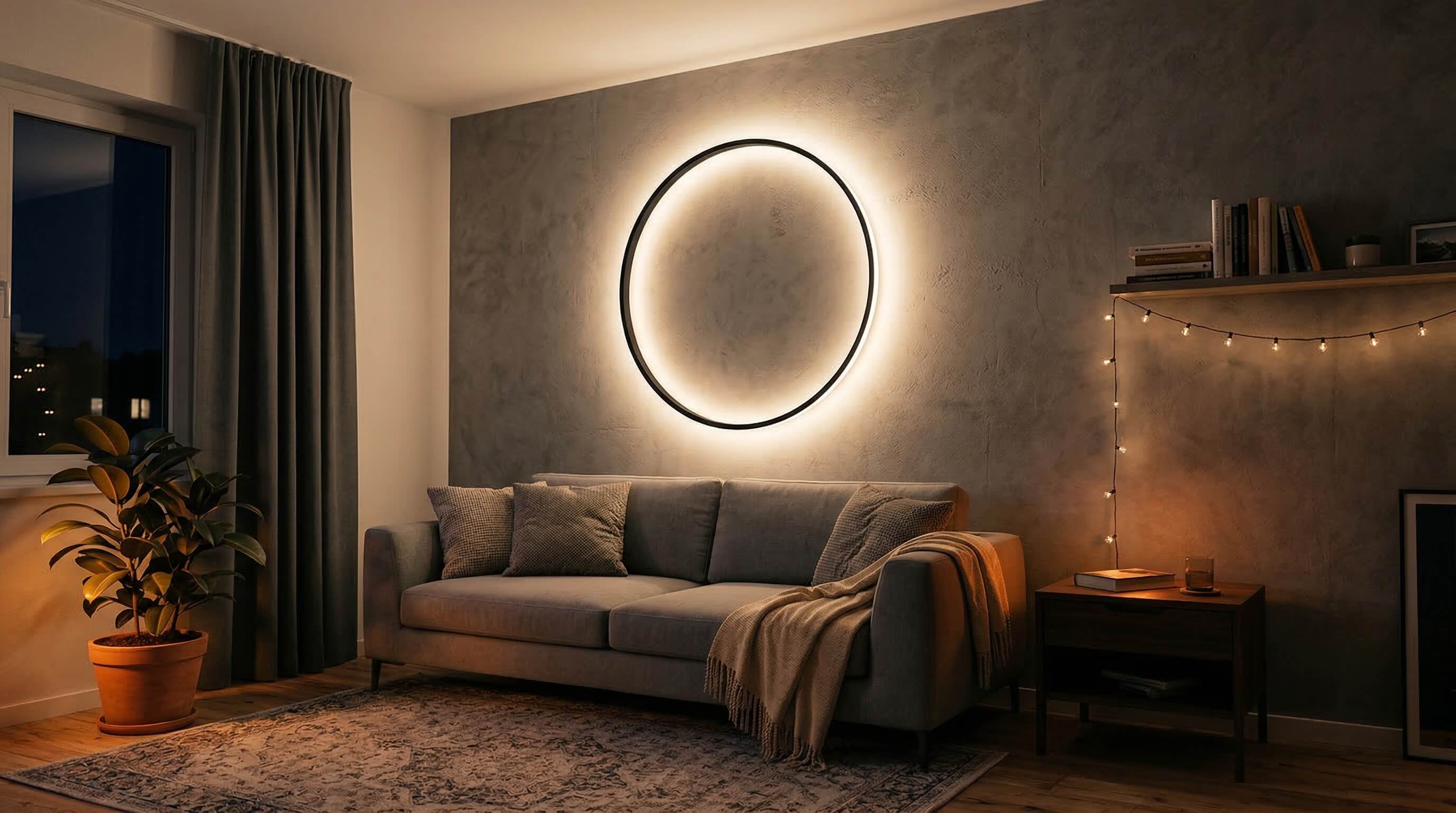 Wohnzimmer mit LED RING Wandlampe – warmes Ambientelicht, gemütliche Atmosphäre