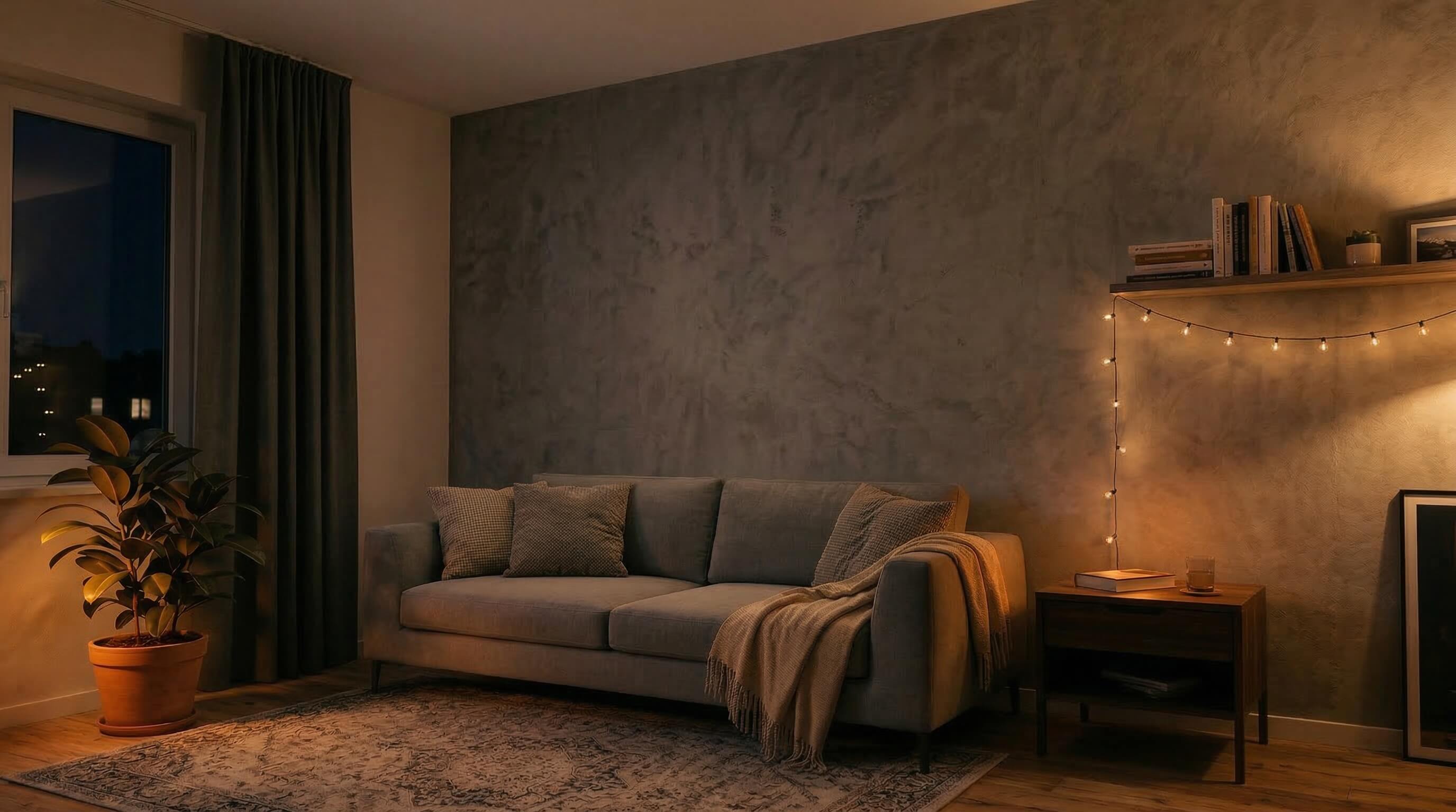 Wohnzimmer ohne Designlampe – flaches Deckenlicht, keine Atmosphäre