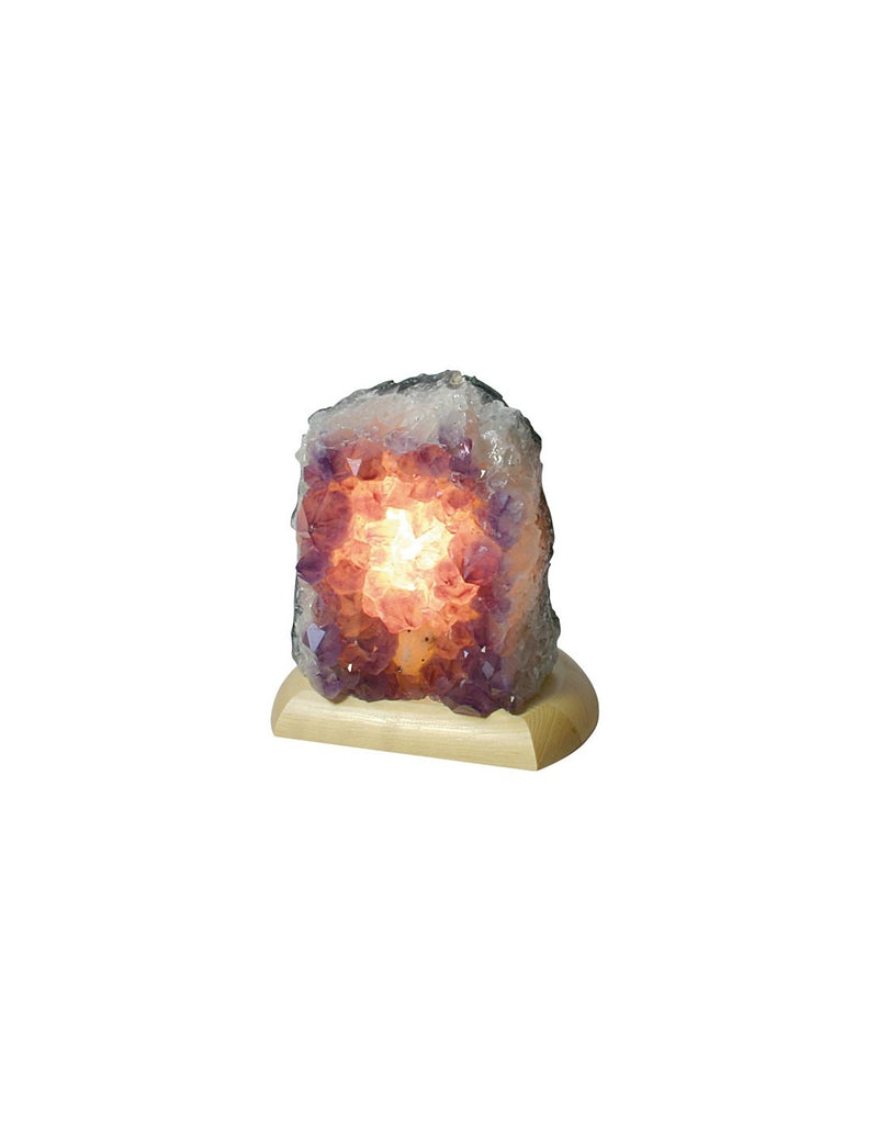 Amethyst-Kristalllampe mit Holzsockel